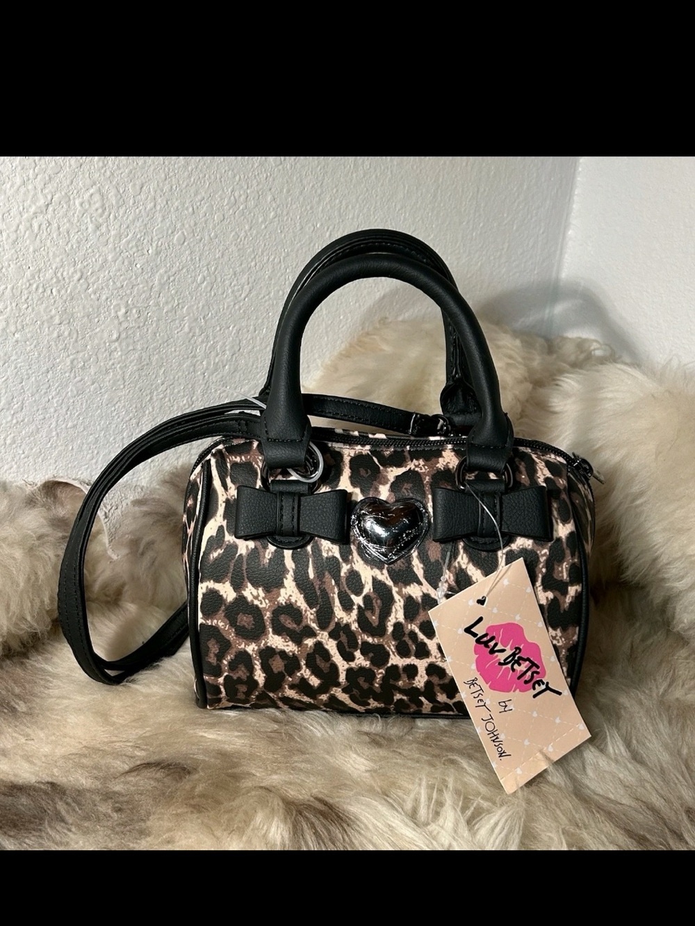NWT Betsey Johnson Luv Betsey Leopard Mini Satchel Crossbody Bow Heart Bag
